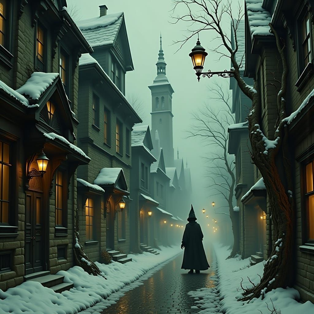 Haunting Winter Town Square in Dark Surrealism Style