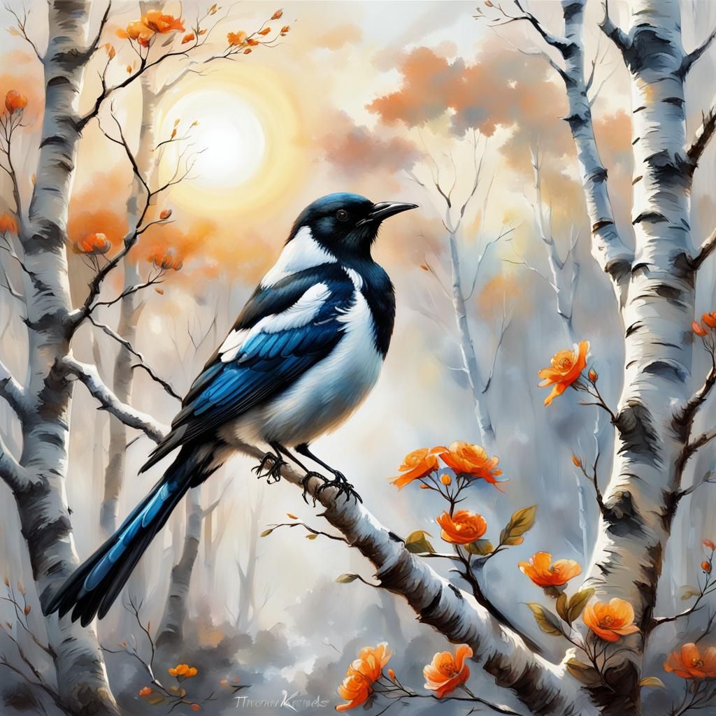 Detailed Sketch of Magpie with Flowers in Highlands