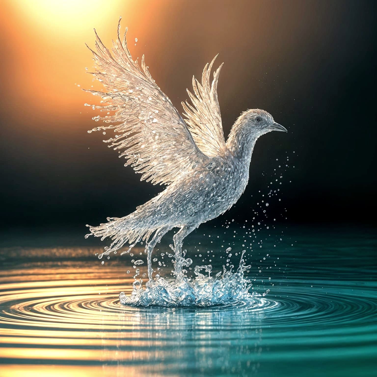 Watercolor Bird of Light Ascends from Serene Pool