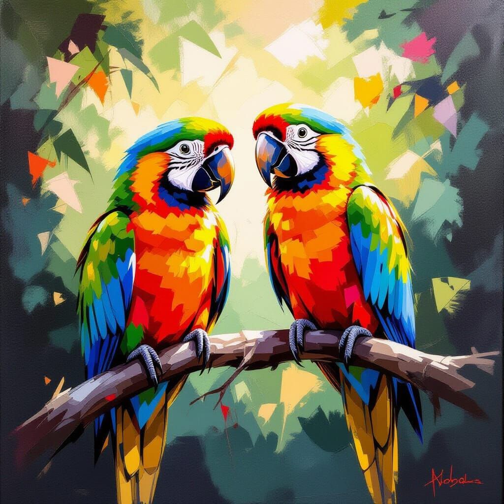 Colorful Parrots on Branch in Oil Painting Style