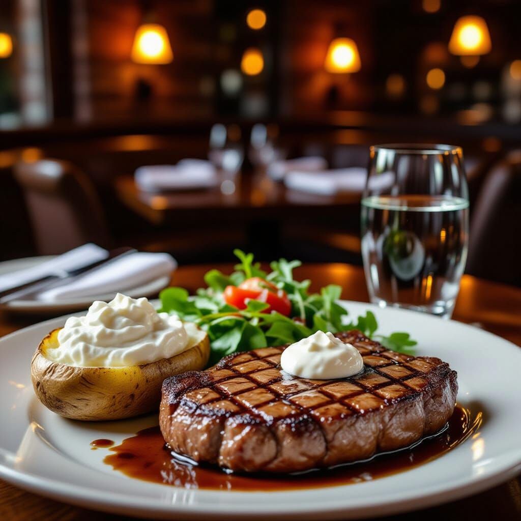 Hyperrealistic Grilled Rumpsteak with Baked Potato and Salad