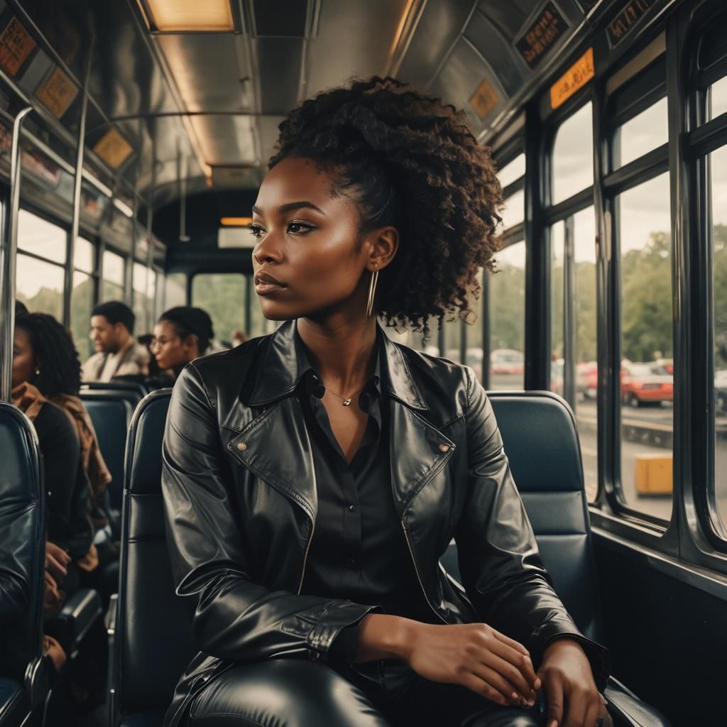Stylish Girl on Bus in Cinematic Film Still