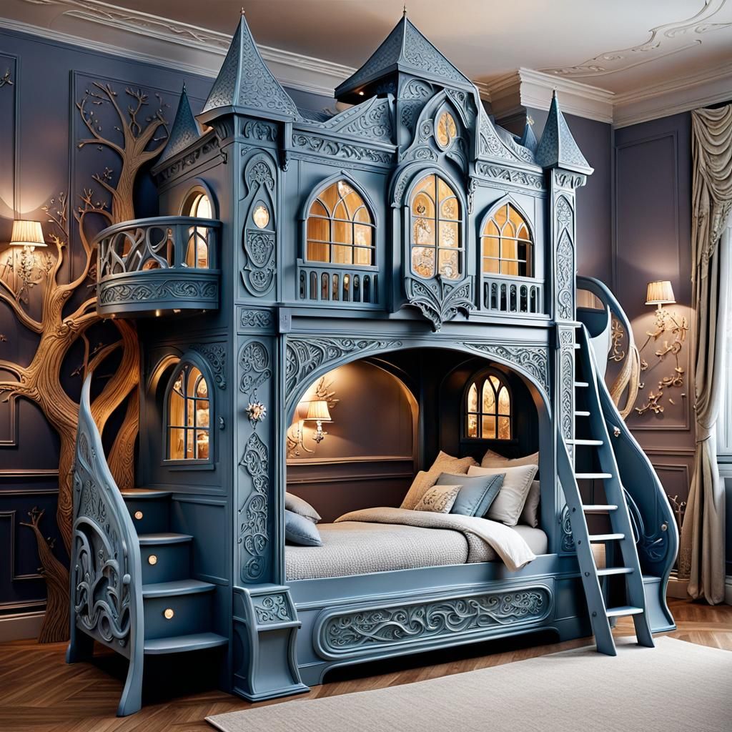 An exquisitely crafted  children's bunk bed, intricately car...