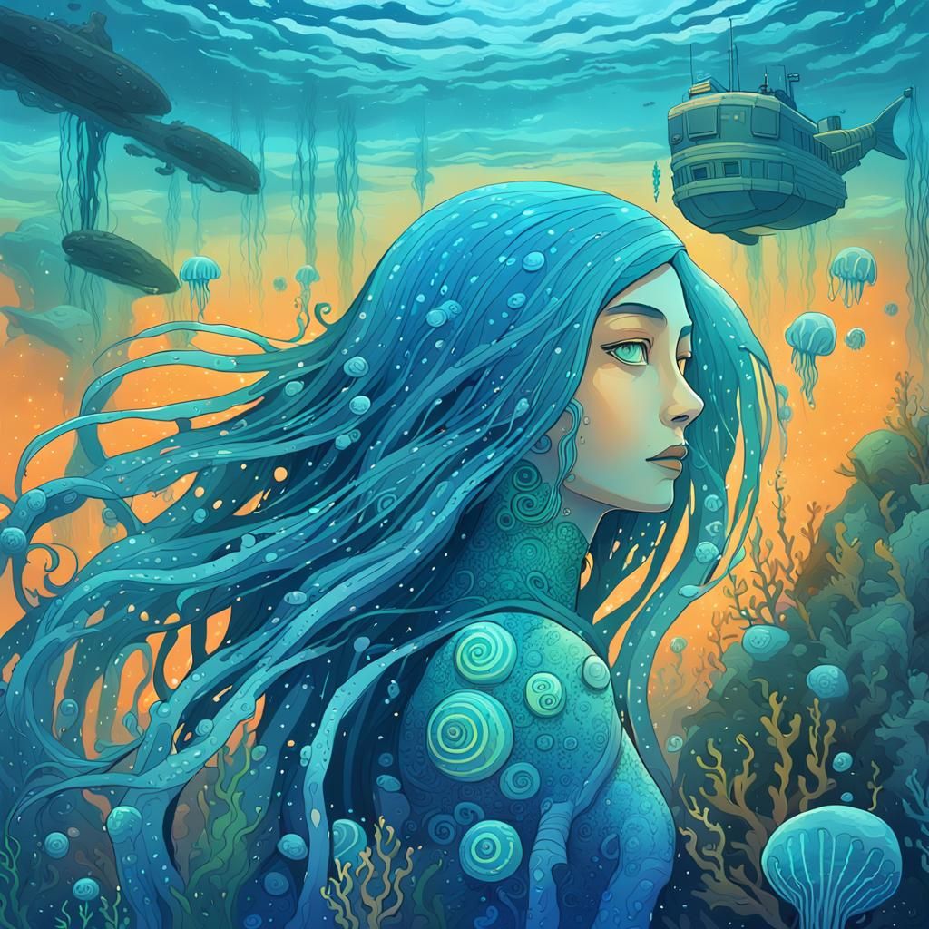 Cyborg Mermaid Swims Towards Sunken Submarine Wreck