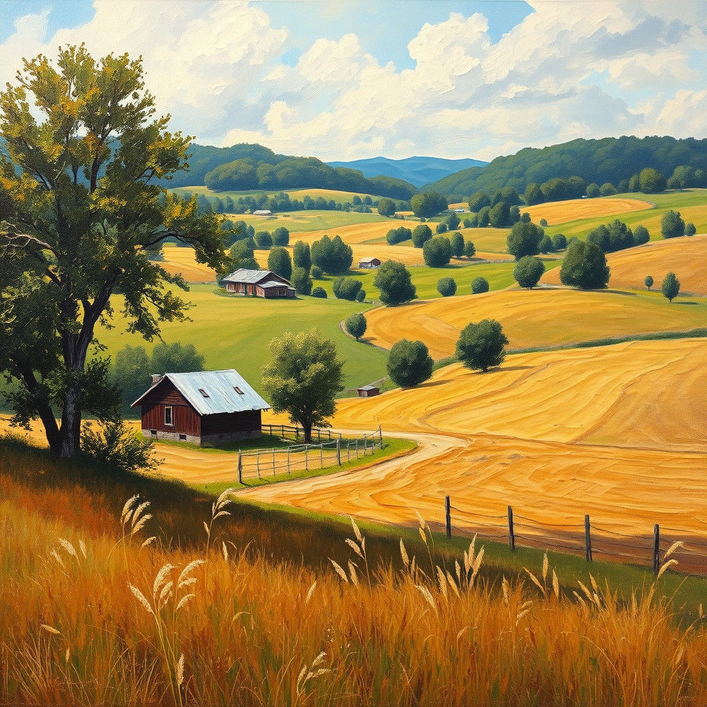 Romantic Oil Painting: Idyllic Rural Farmland Landscape