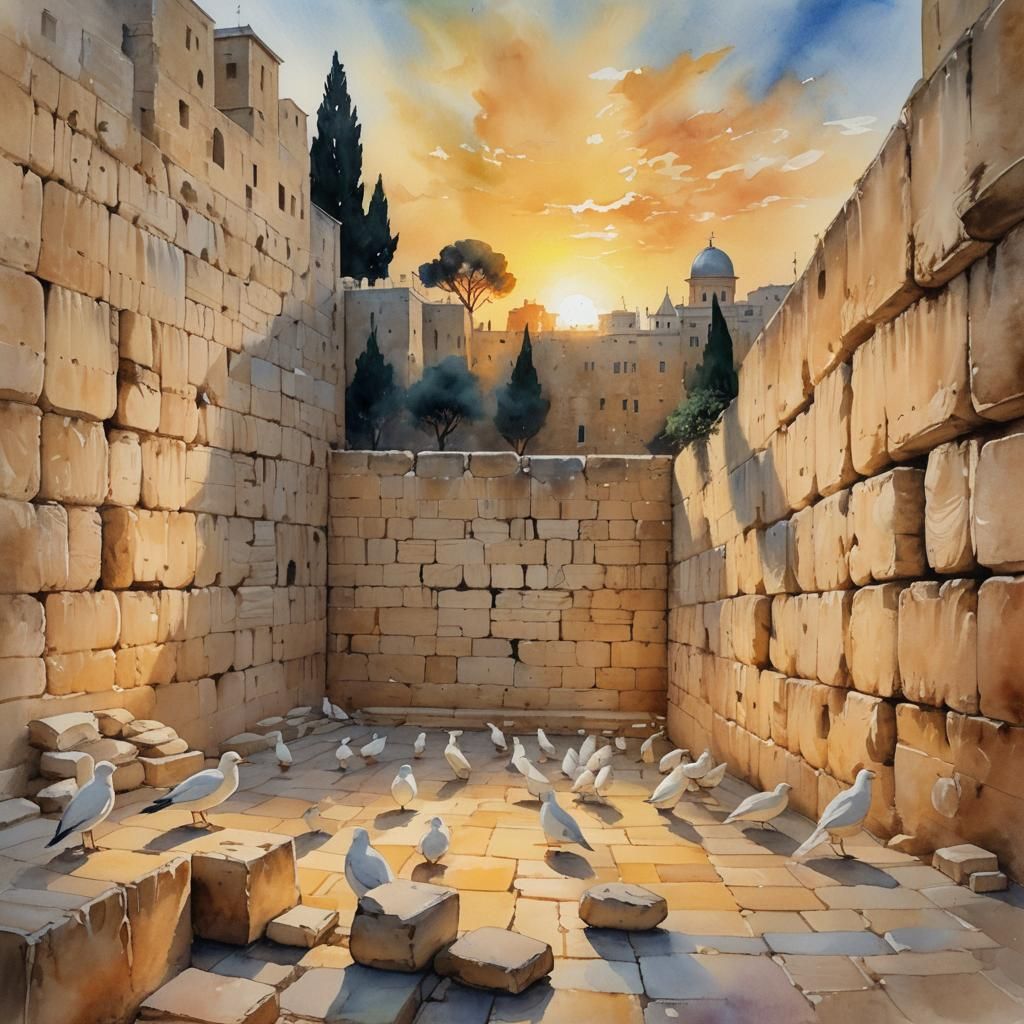 Sunset at the Western Wall: Watercolor Painting