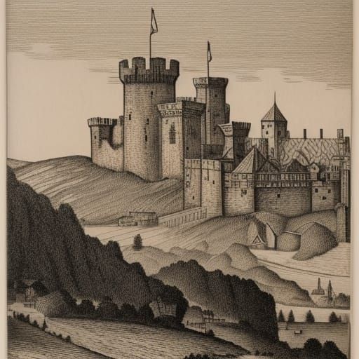 Medieval Castle Siege in Copper Engraving Style