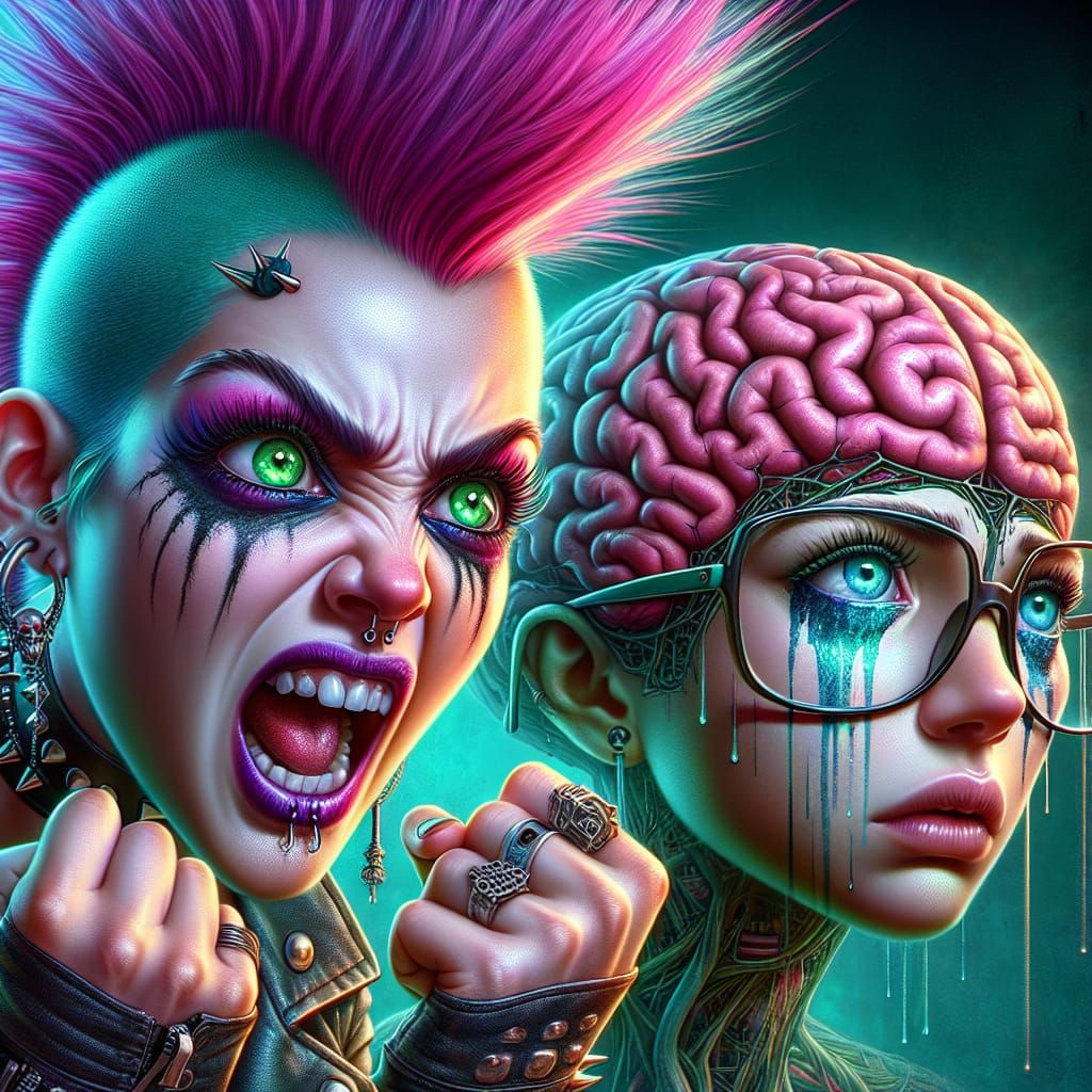 Punk Woman Attacks Brain Entity: Fantasy Concept Art