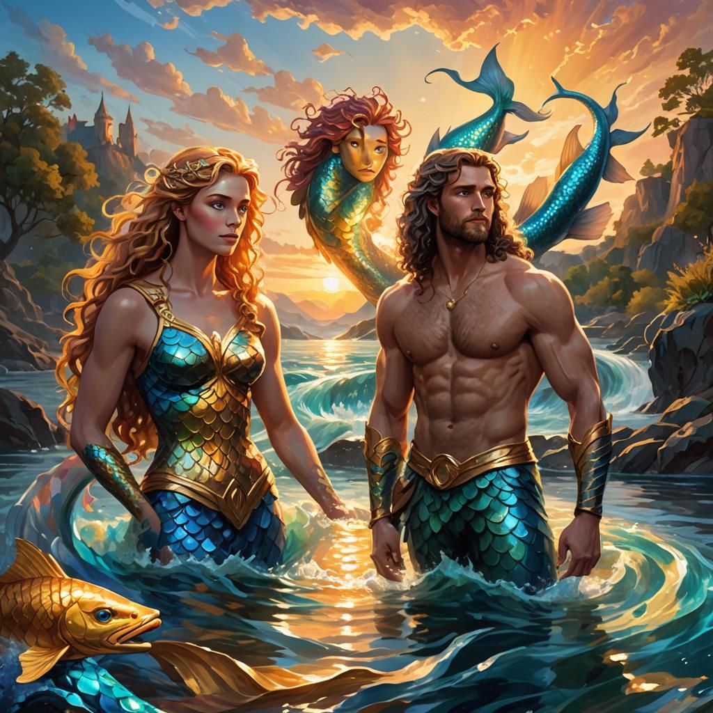 Young Poseidon and Mermaid in Vibrant Oil Painting Style