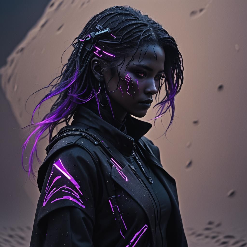 Cyberpunk Figure Dissolving into Sand