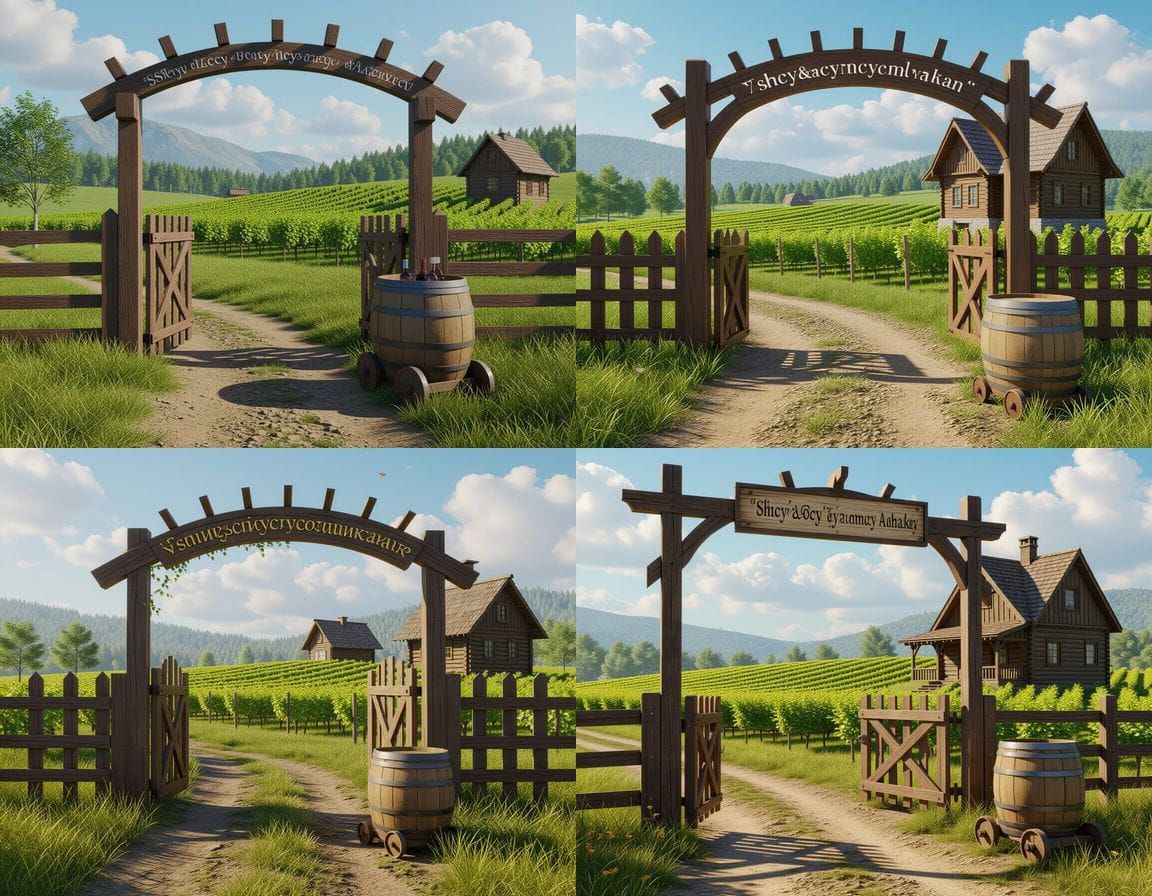 Rustic Farm Gate with Vineyard and House