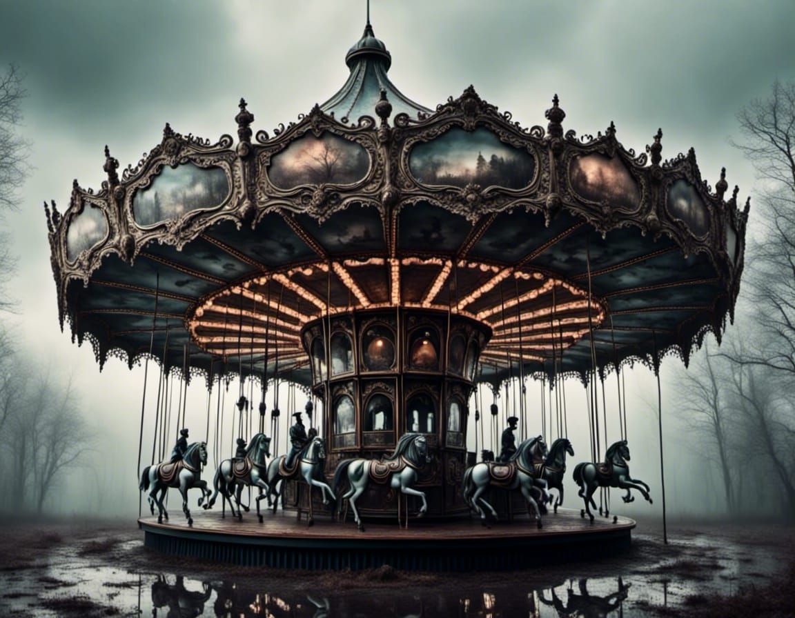 Gothic Abandoned Theme Park Carousel in Despair