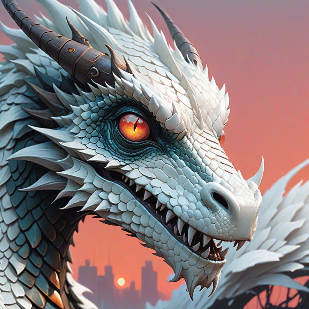 Hyper-Realistic Close-Up of a Delicate White Dragon's Head i...