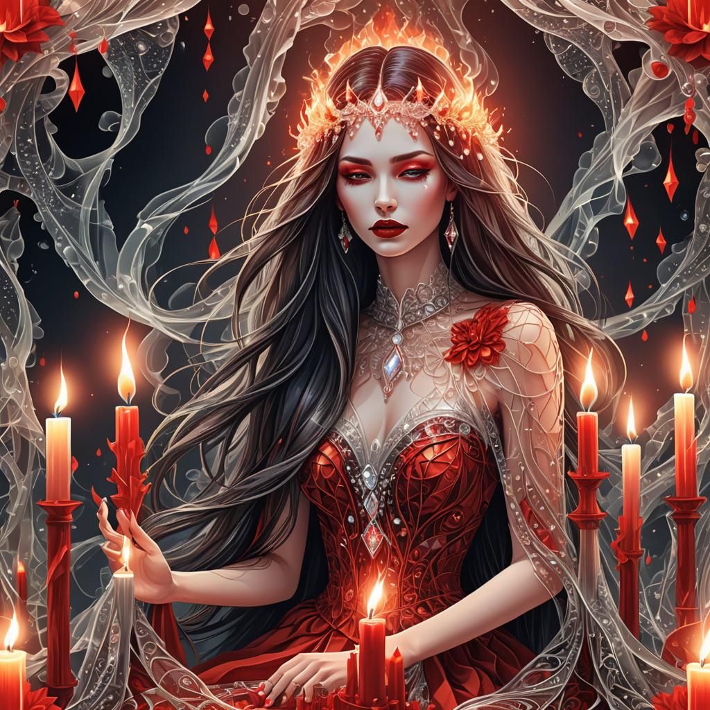 Crystal Girl Surrounded by Candles: Fractal Zentangle Art