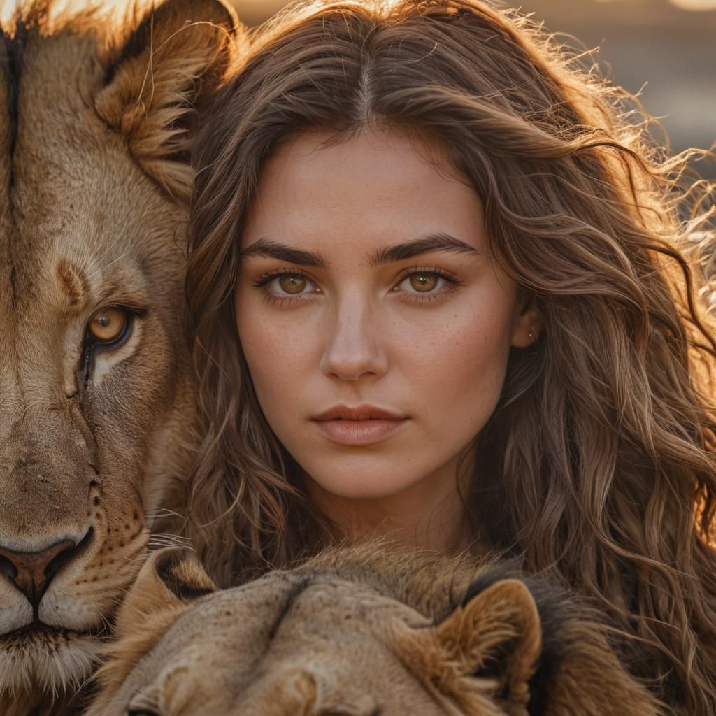 Woman and Lion Portrait in Golden Hour