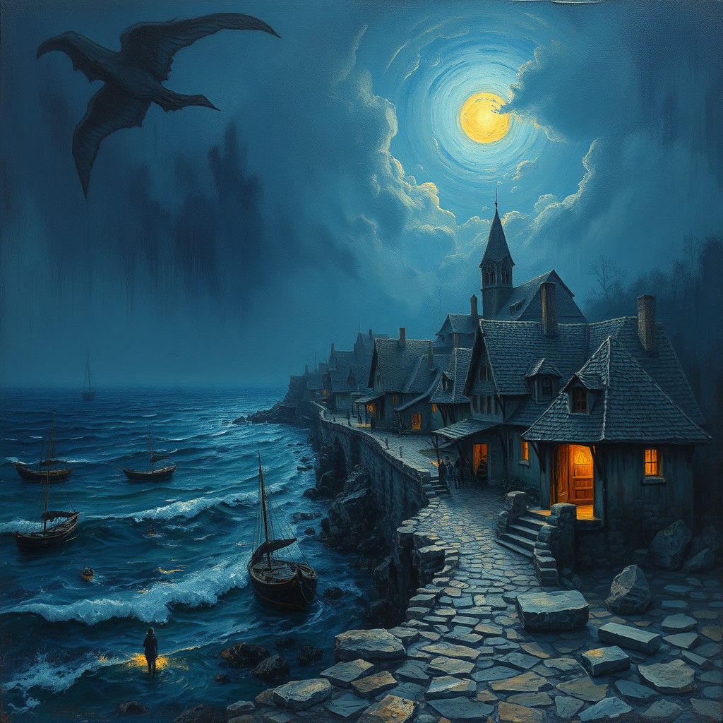 Blue Seaside Village as Romantic Impasto Oil Painting