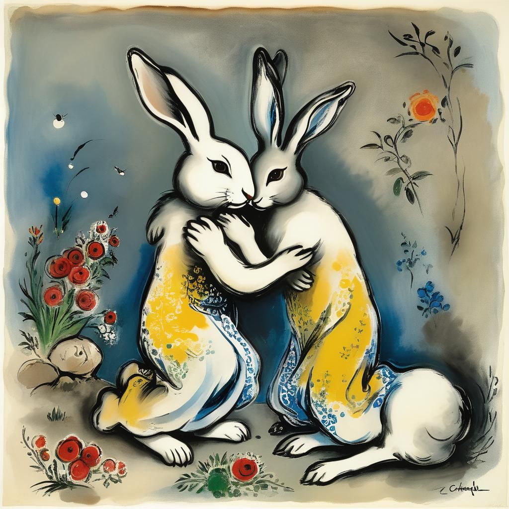 Rabbits Praying: A Surreal Stone Guardian