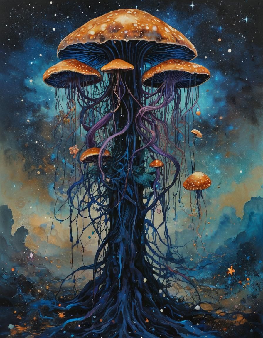 Psychedelic Space Mushrooms in Fluid Splatter Impasto Style