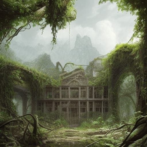 Old abandoned building overgrown covered in vines