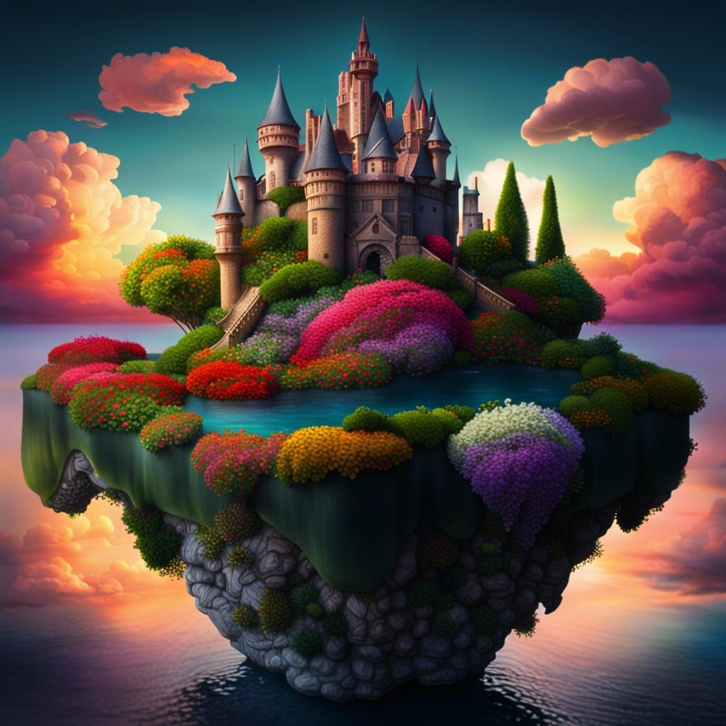Floating Island Castle at Sunset: Hyperrealistic Art