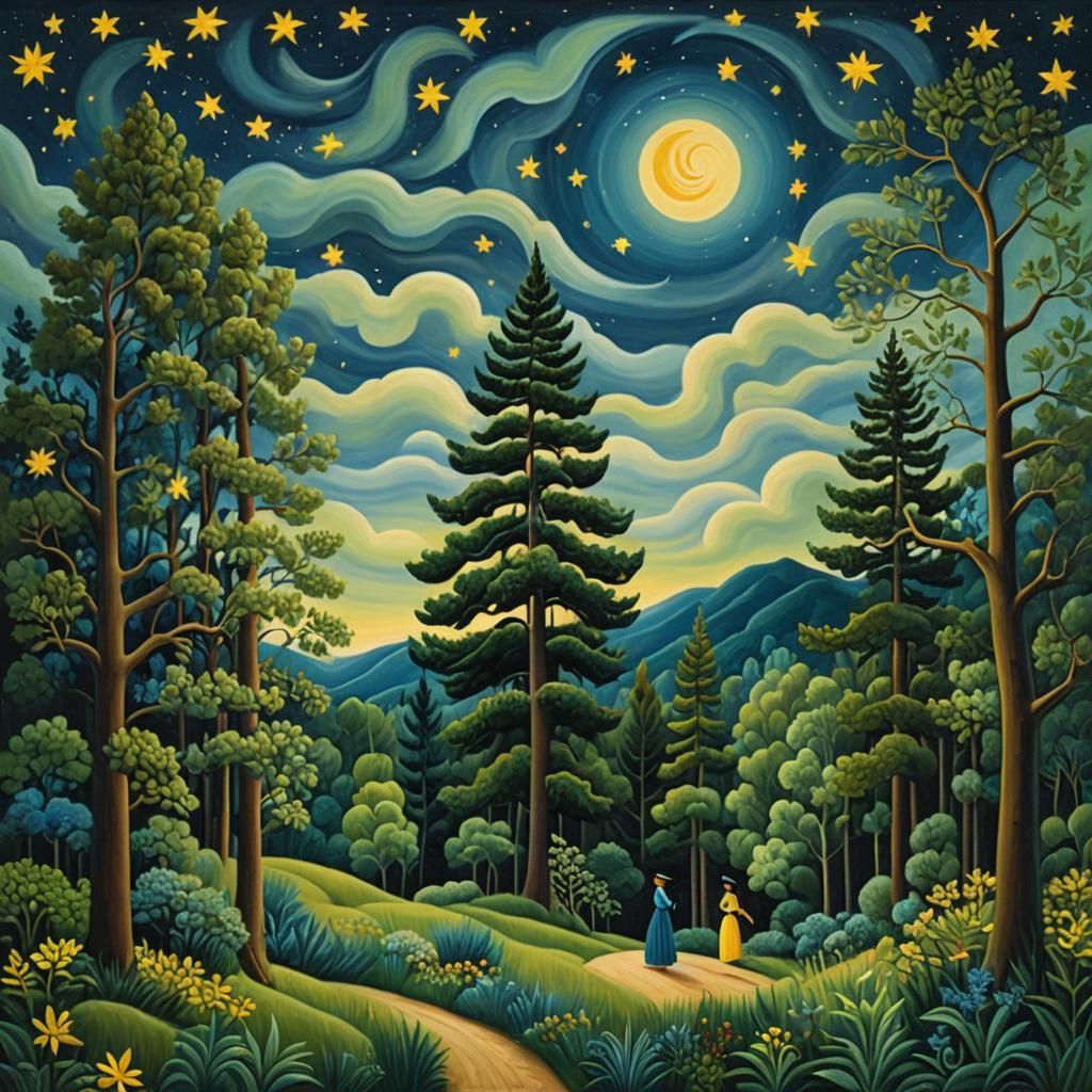 Dreamlike Folk Art Scene in Henri Rousseau Style