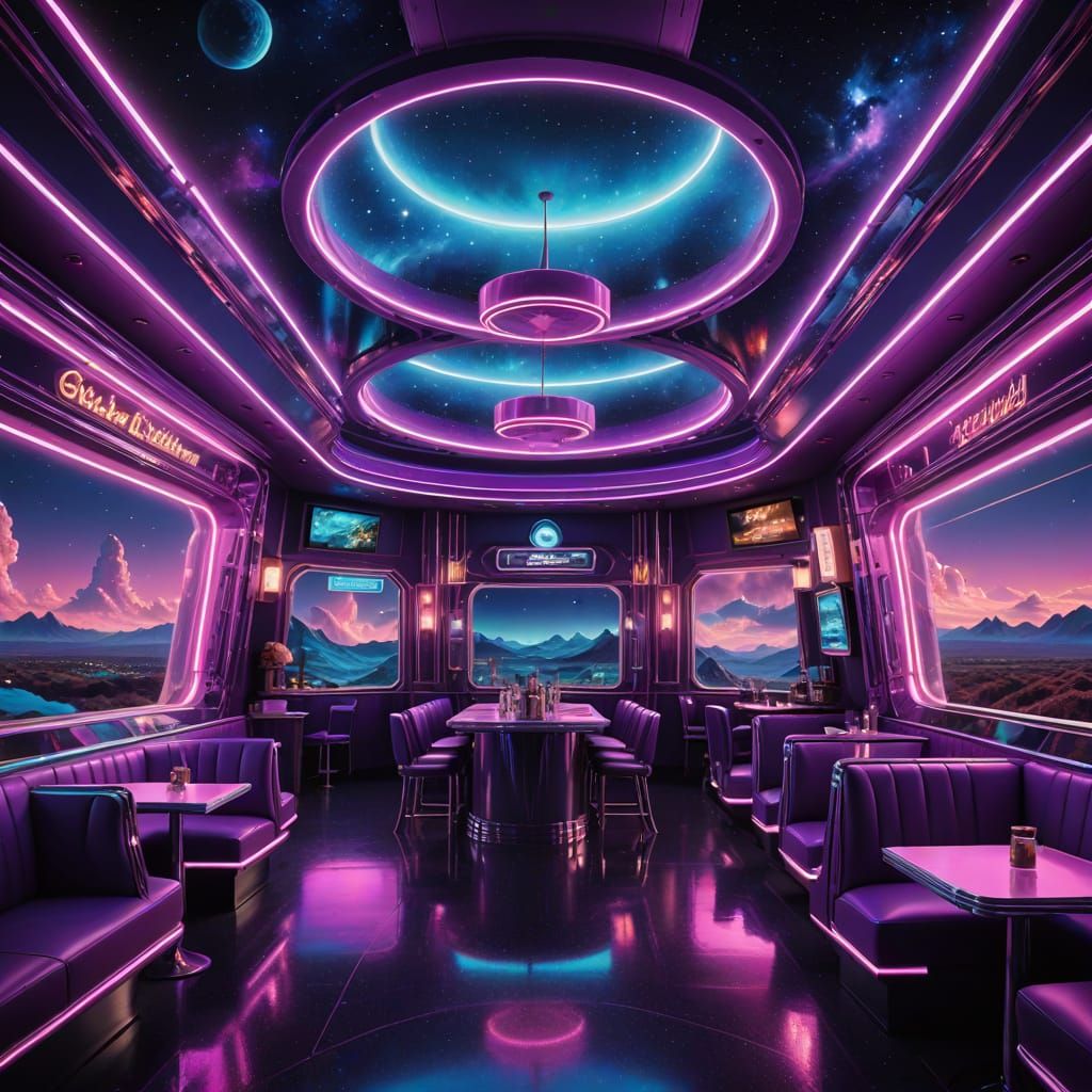 Futuristic Art Deco Diner Floating in a Glowing Nebula