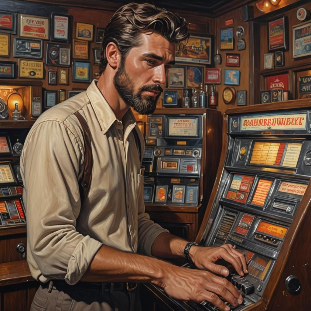 Man Selects Song on Jukebox: Hyperrealistic Oil Painting