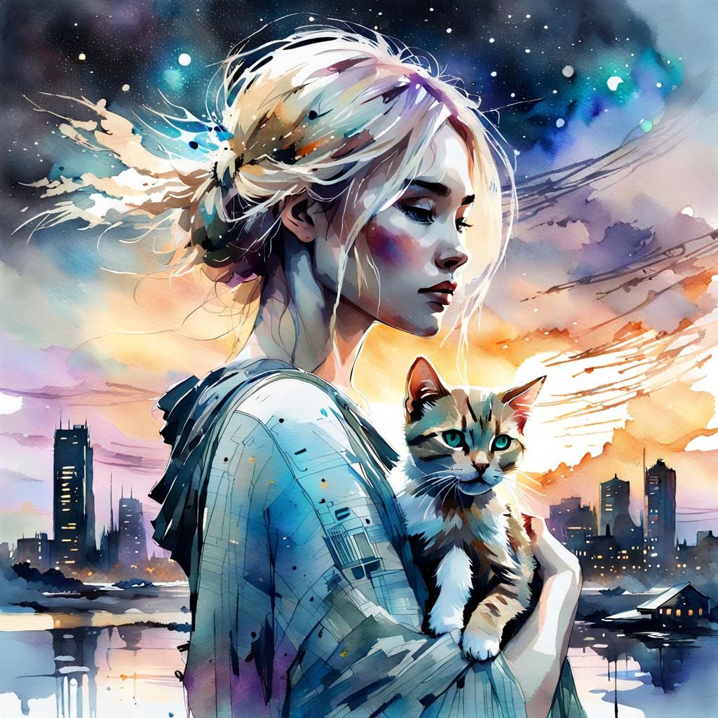 Woman with Kitten in Sci-Fi Cityscape