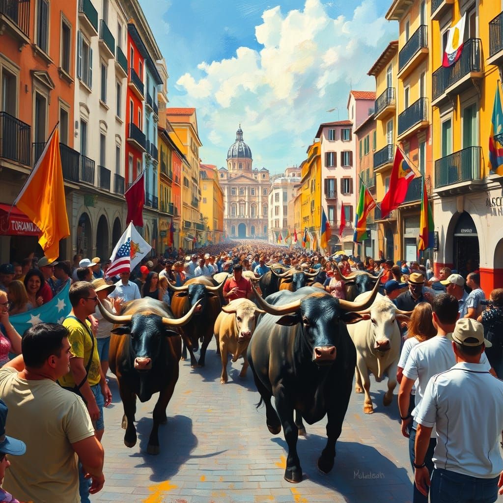 Pamplona Bull Run: Surrealist Dreamscape