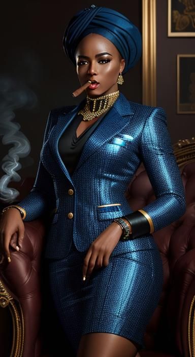 Ghanian Businesswoman Smoking Cigar in Blue Suit