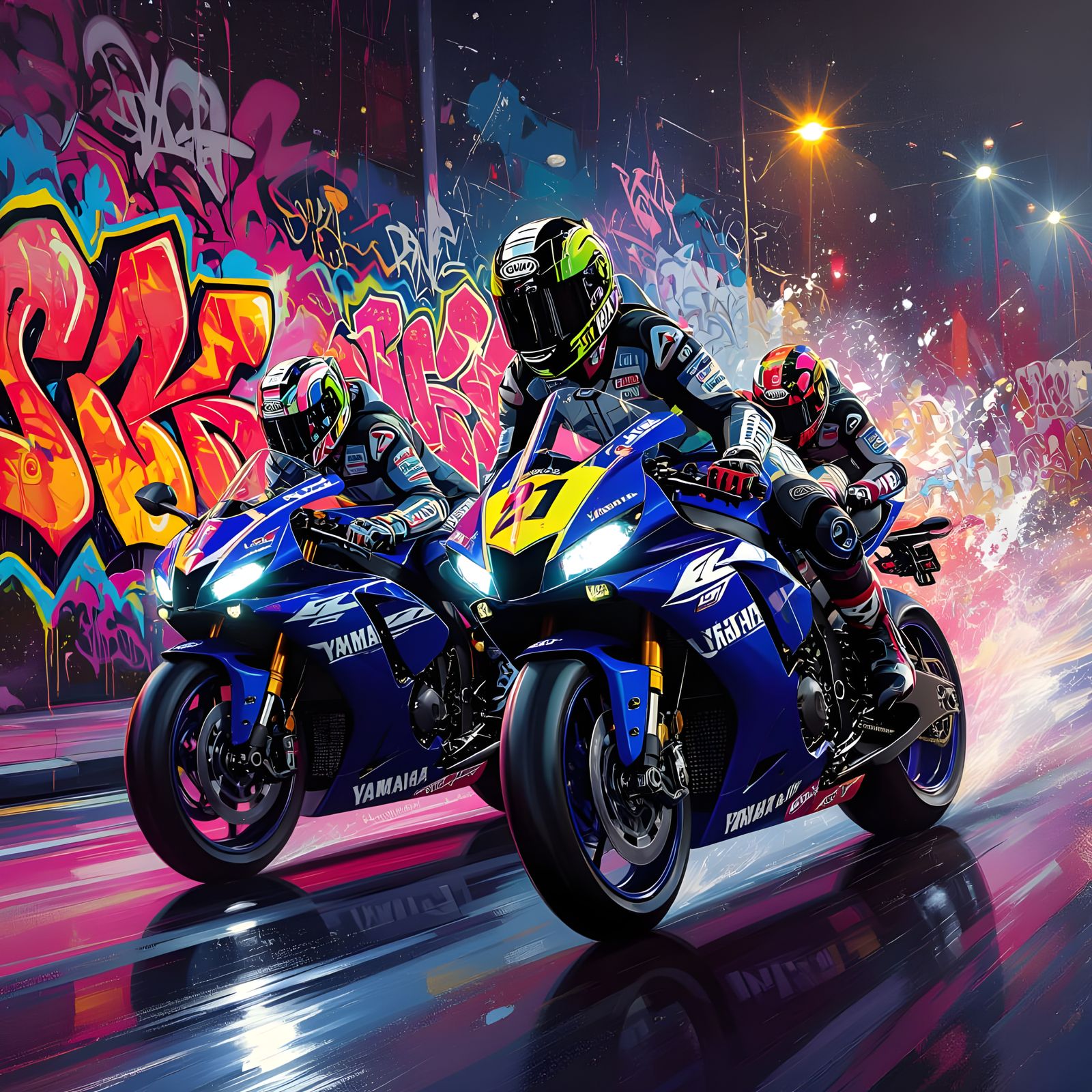 Yamaha R1 Street Race Scene in Graffiti Art Style