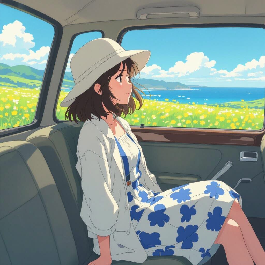 Girl Gazing at Mediterranean Coast in Anime Style