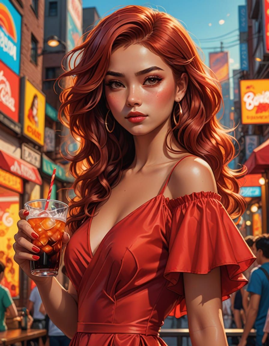 Stunning Anime-Style Redhead in Asymmetrical Dress Sipping S...