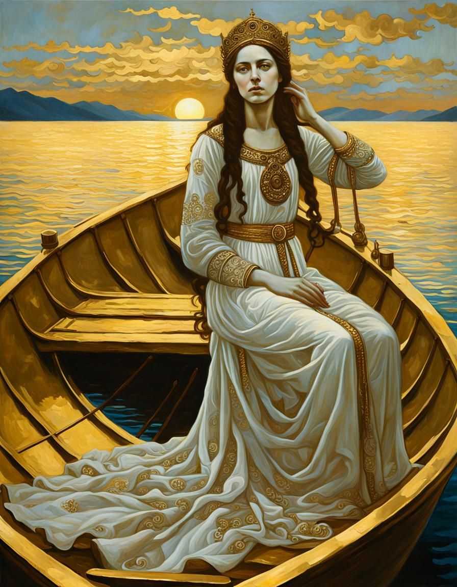 Zorya, Slavic Goddess of Dawn, on Golden Boat
