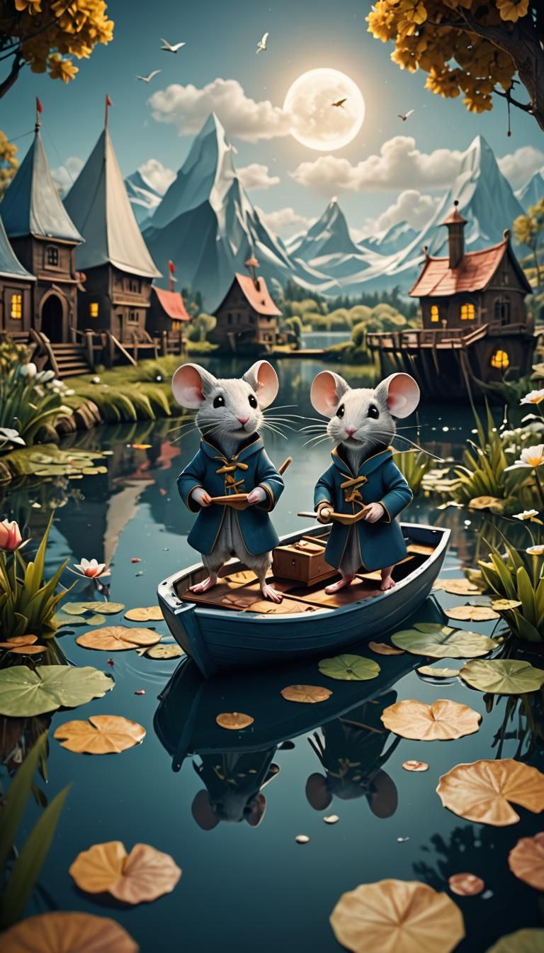 Mice Sailors on Pond in Paper Boat