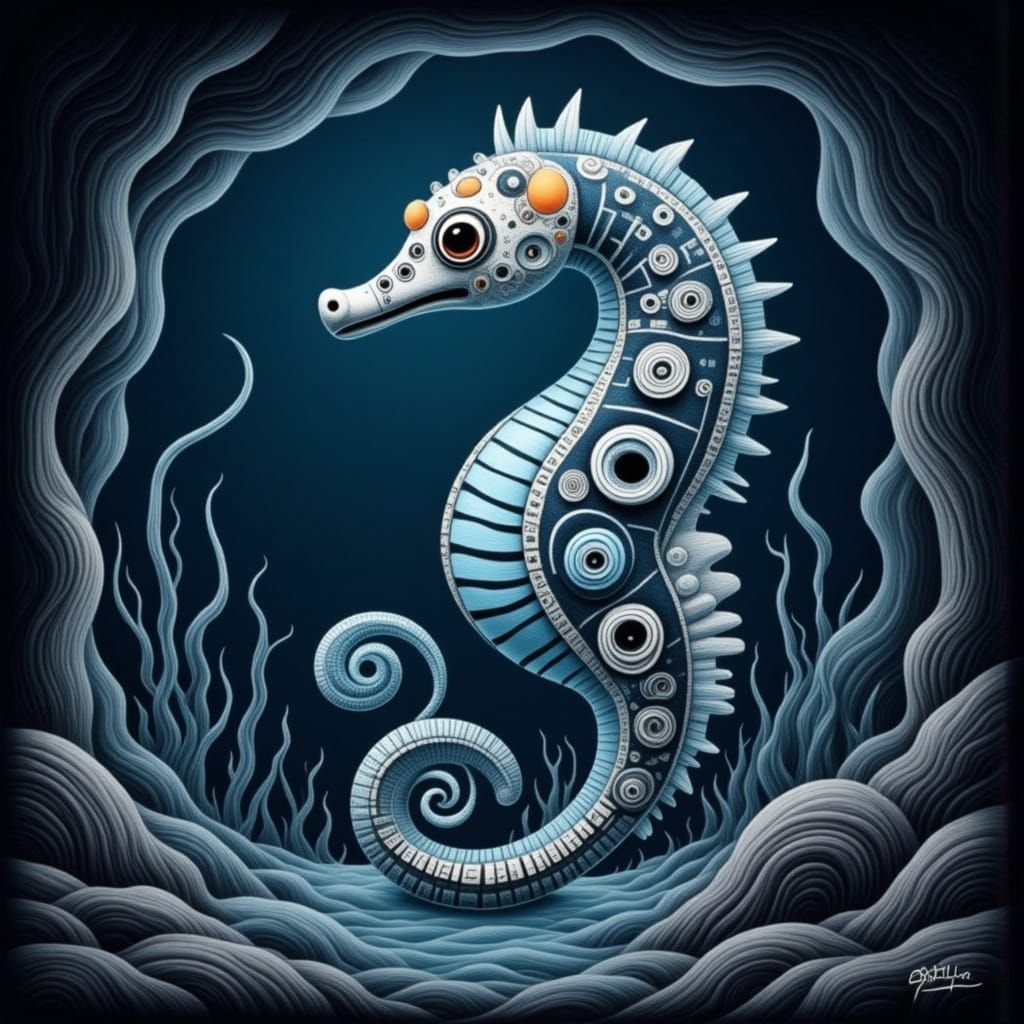 Robot Seahorse in Bioluminescent Cave