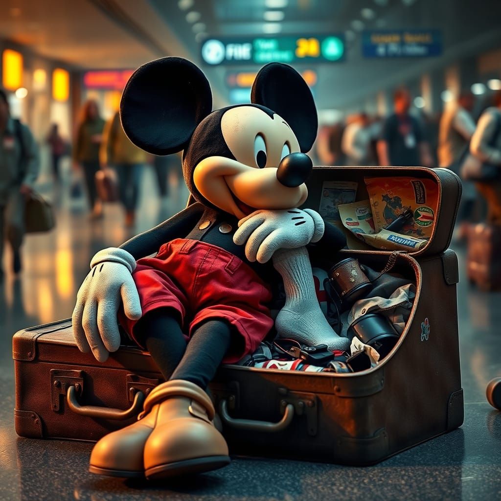 Exhausted Mickey Mouse Amidst Airport Chaos in Cinematic Sty...