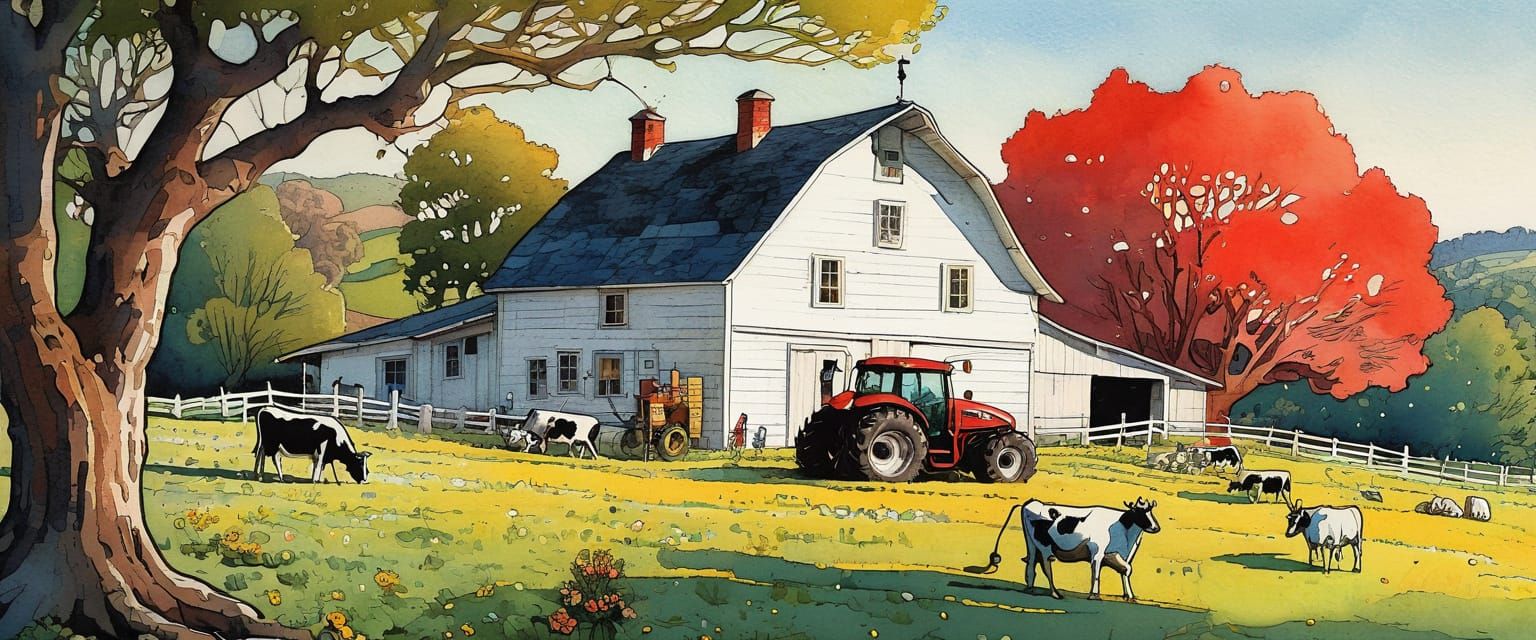 Farm Scene with Animals and Tractor in Comic Style