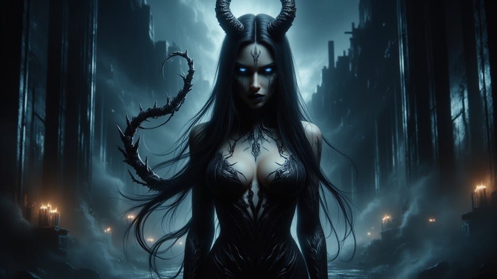 Realistic Female Demon with Twisted Horns and Pitchfork