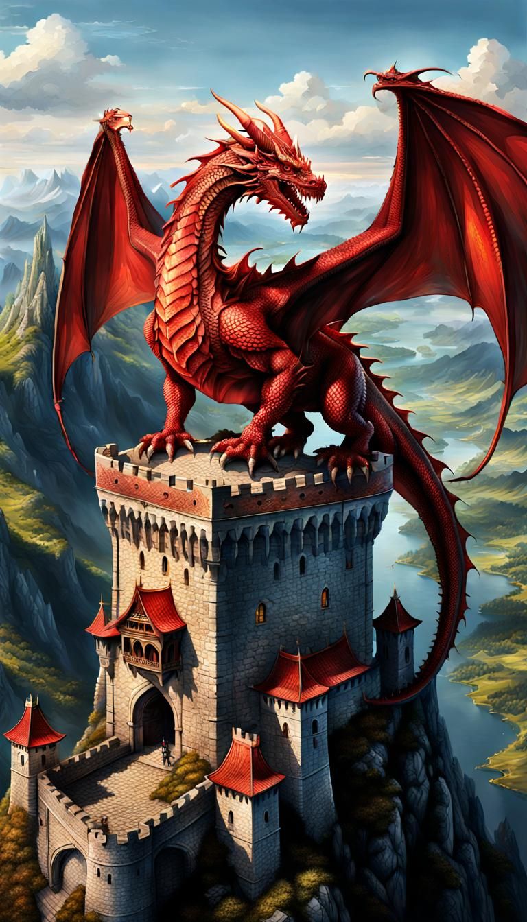 Regal Red Dragon Overlooking Valleys