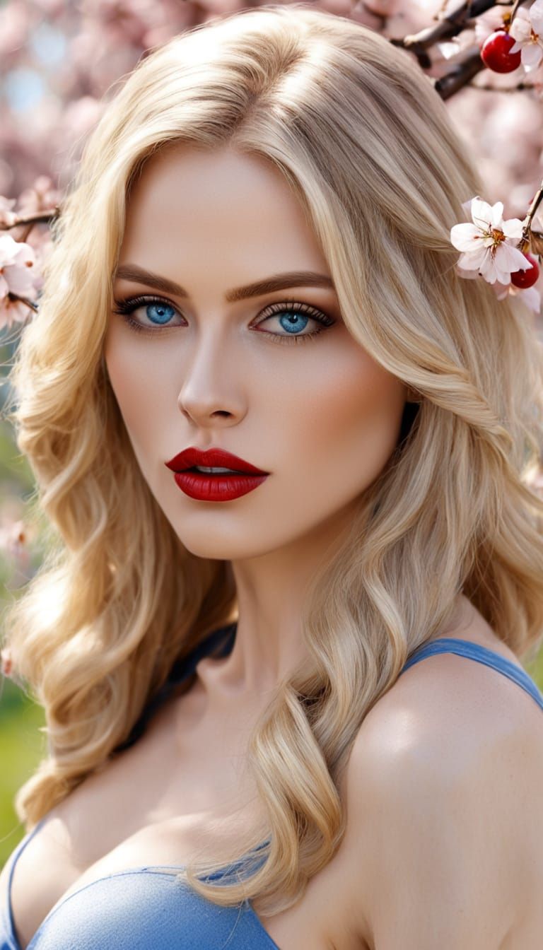 Voluptuous Blonde with Blue Eyes Near Cherry Tree