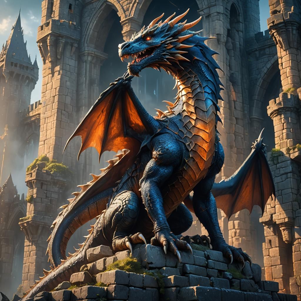 Majestic Dragon on Ruined Castle Concept Art