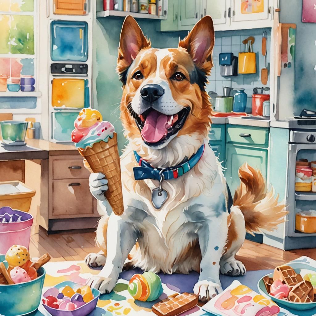 Dog with Ice Cream Bag: Watercolor Pet Portrait