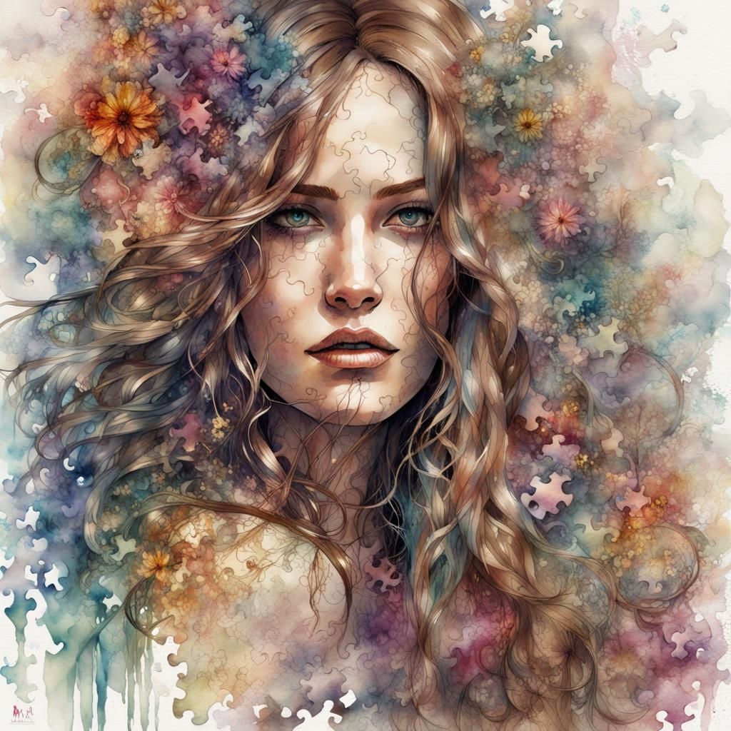 Watercolor Woman with Puzzle Pieces and Floral Motifs