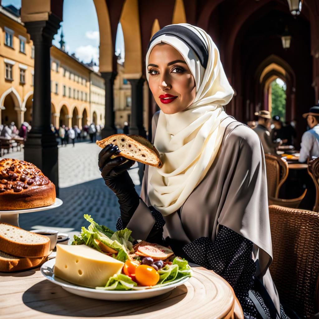 Elegant Hijabi in 1920s Fashion, Alfresco Dining