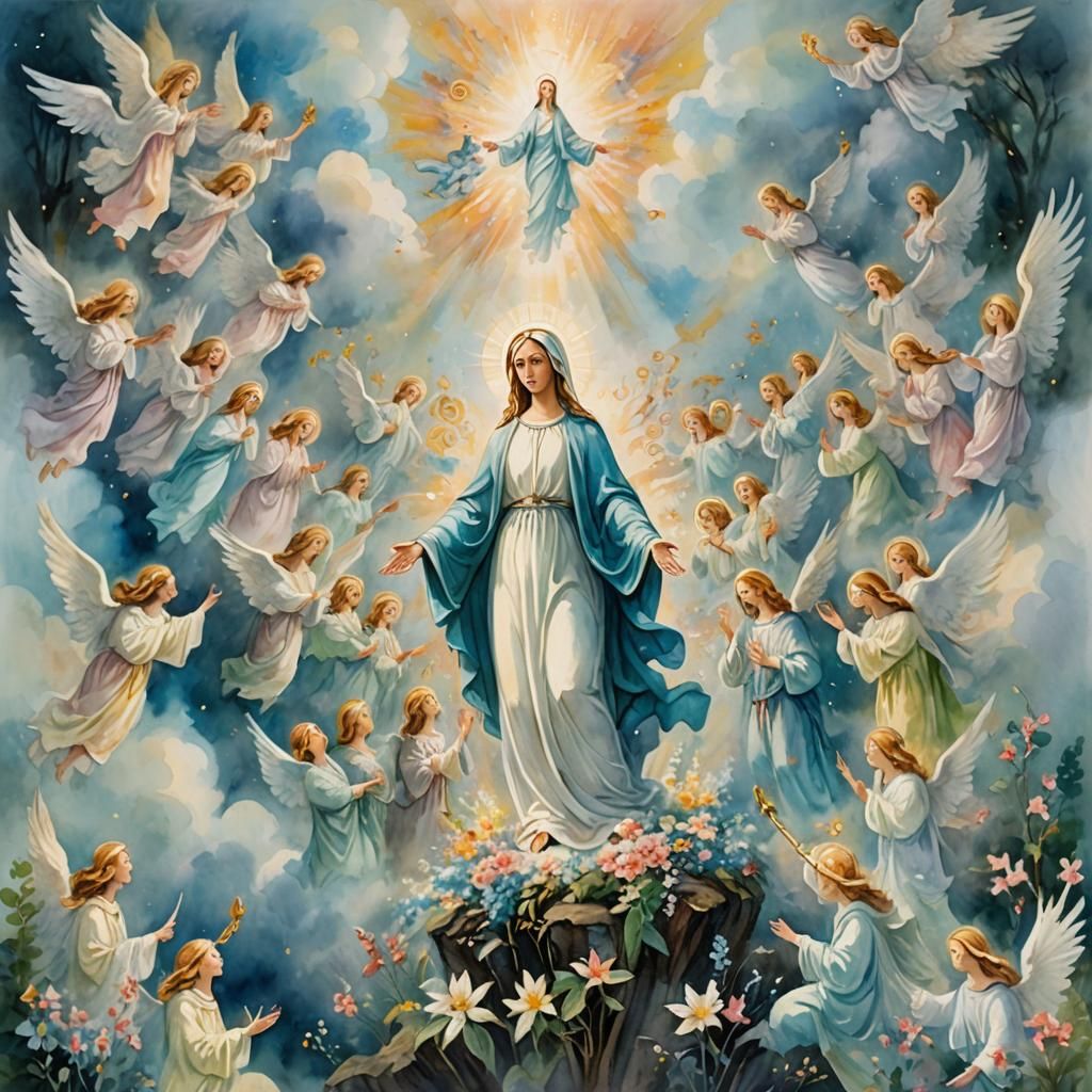 Virgin Mary Ascends to Heaven in Abstract Watercolor