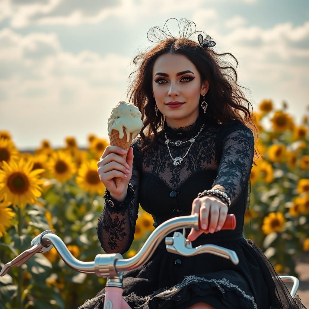 Gothic Figure on Pastel Bike Amidst Sunflowers