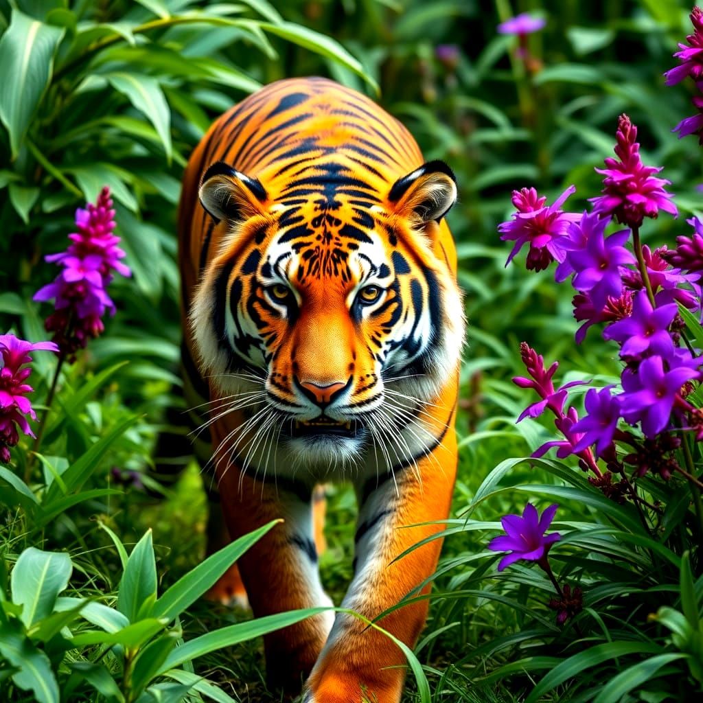 Tiger Roams Lush Jungle Landscape with Vibrant Purple Flower...