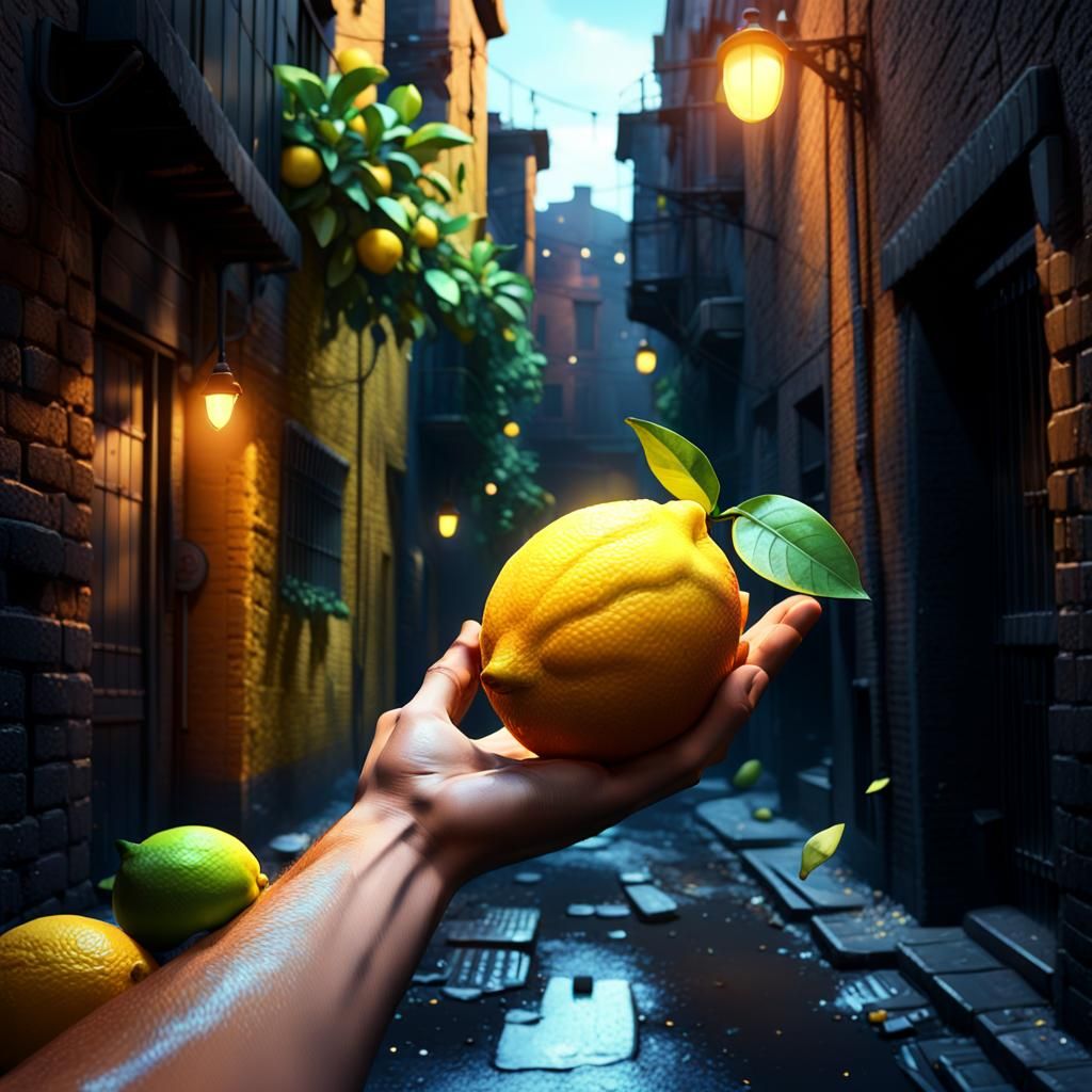 Person Holding Lemon in Alleyway: Pixar-style 3D Art