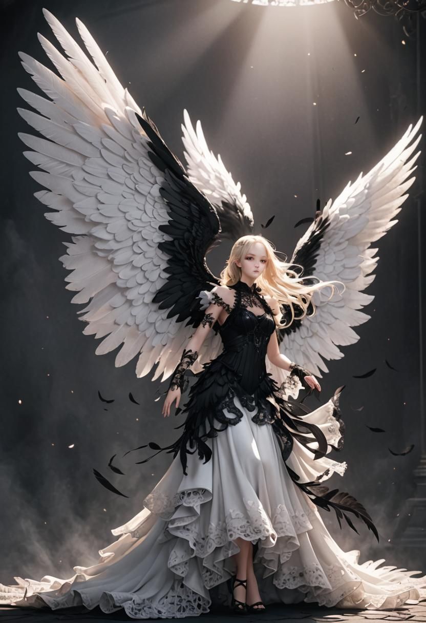 Dramatic 3D Anime Angel in Black with Ethereal Lighting